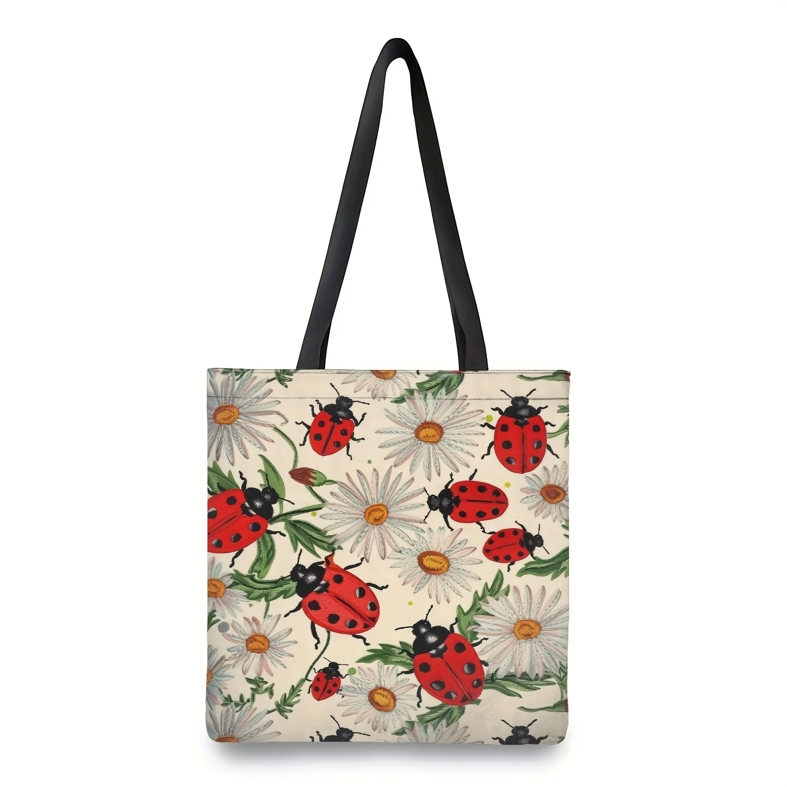 1pc, Ladybugs With Daisies Pattern Tote Bag Large Women Casual Shoulder Bag Handbag Shopping Grocery Bag