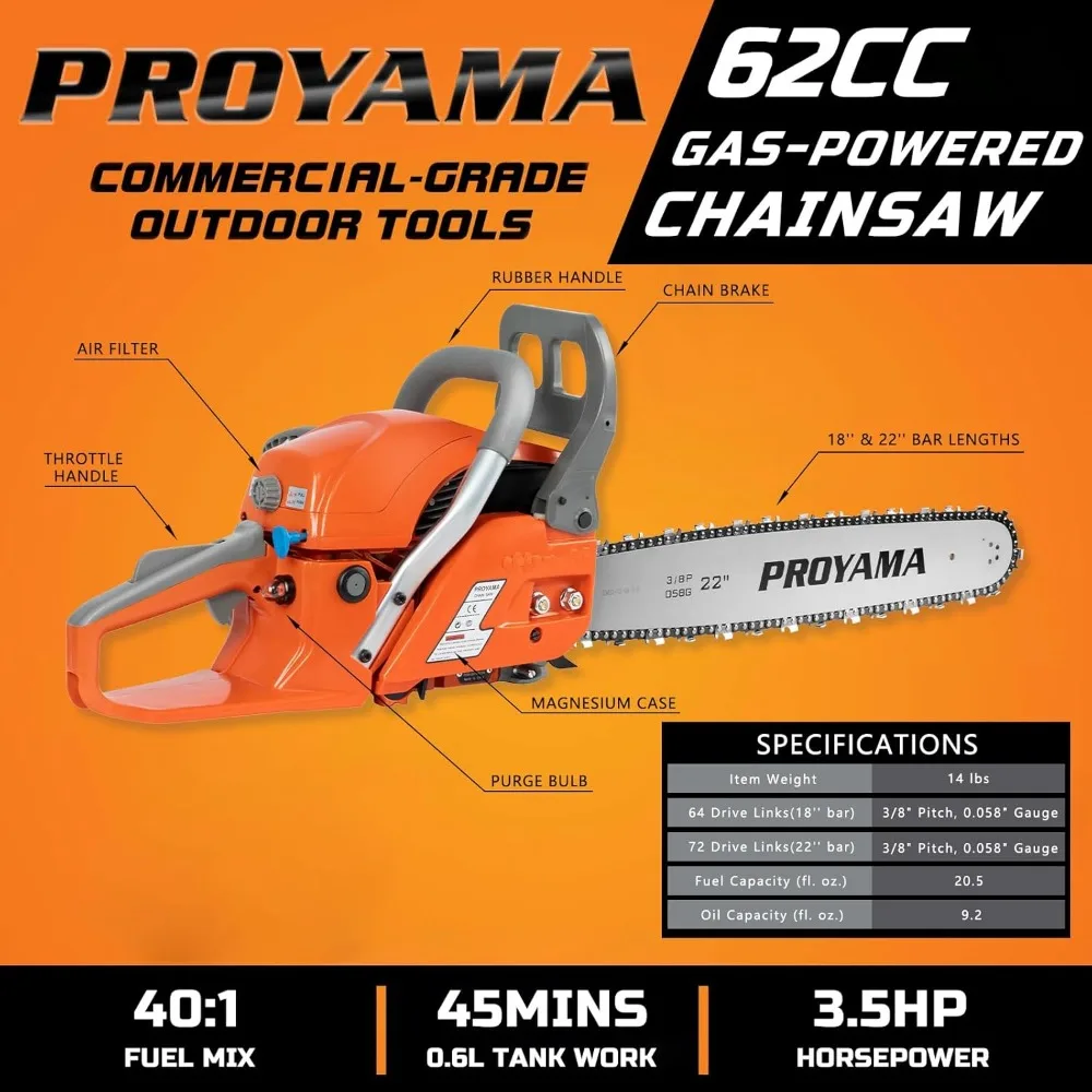 2-Cycle Gas Powered Chainsaw, Handheld Cordless Petrol Chain Saw for Tree Wood Cutting