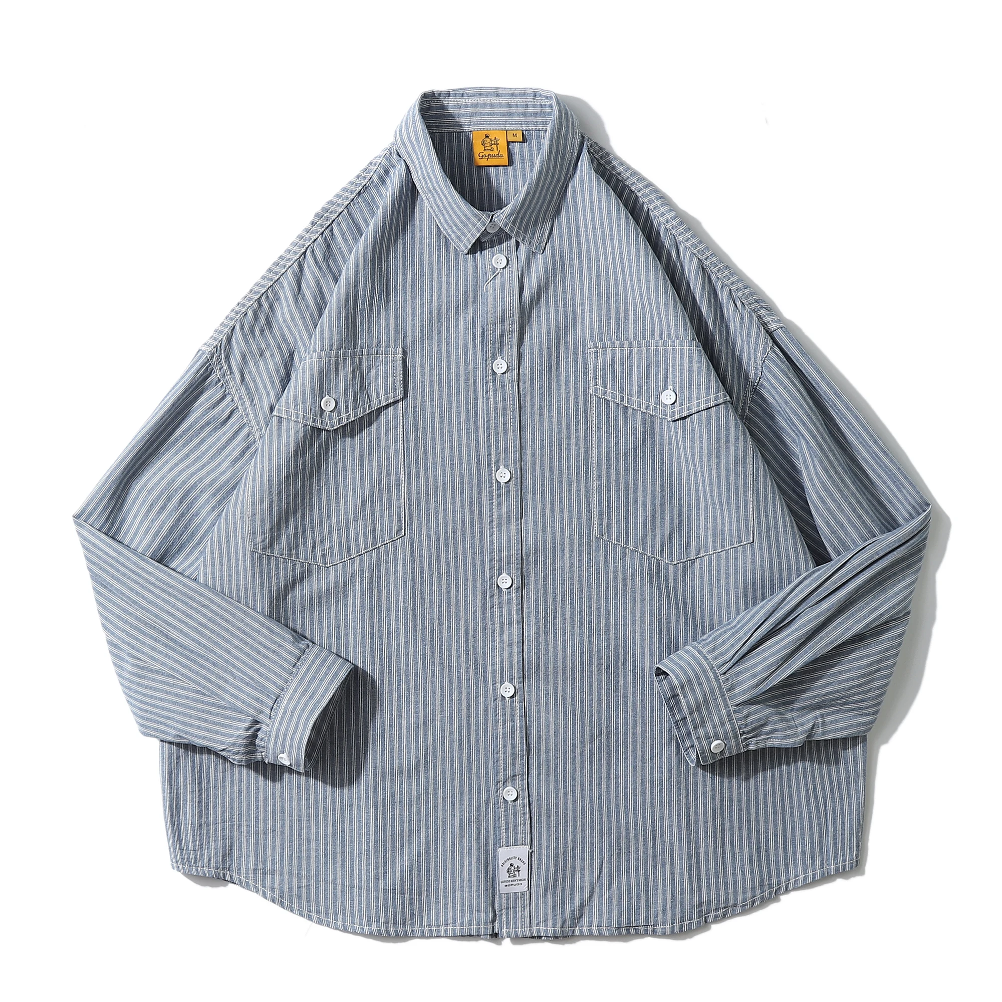 

Мужская повседневная хлопковая рубашка в полоску в японском стиле ретро, свободного кроя, модная верхняя одежда, популярная осенняя одежда для молодежи