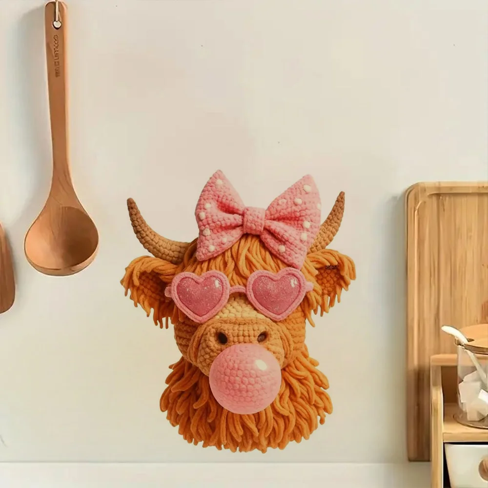 Scottish Highland Cow Faux Crochet Yarn Patch Stickers, Bedroom Entryway Living Room Porch Home Decoration Wall Stickers