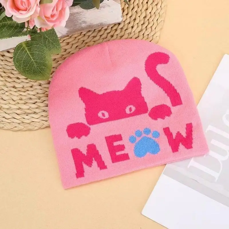 652F Knit Hats Meow Knit for Women Hip Hop Hat Unique Hat Costume Props Skull Caps Highlight for Trendsetting