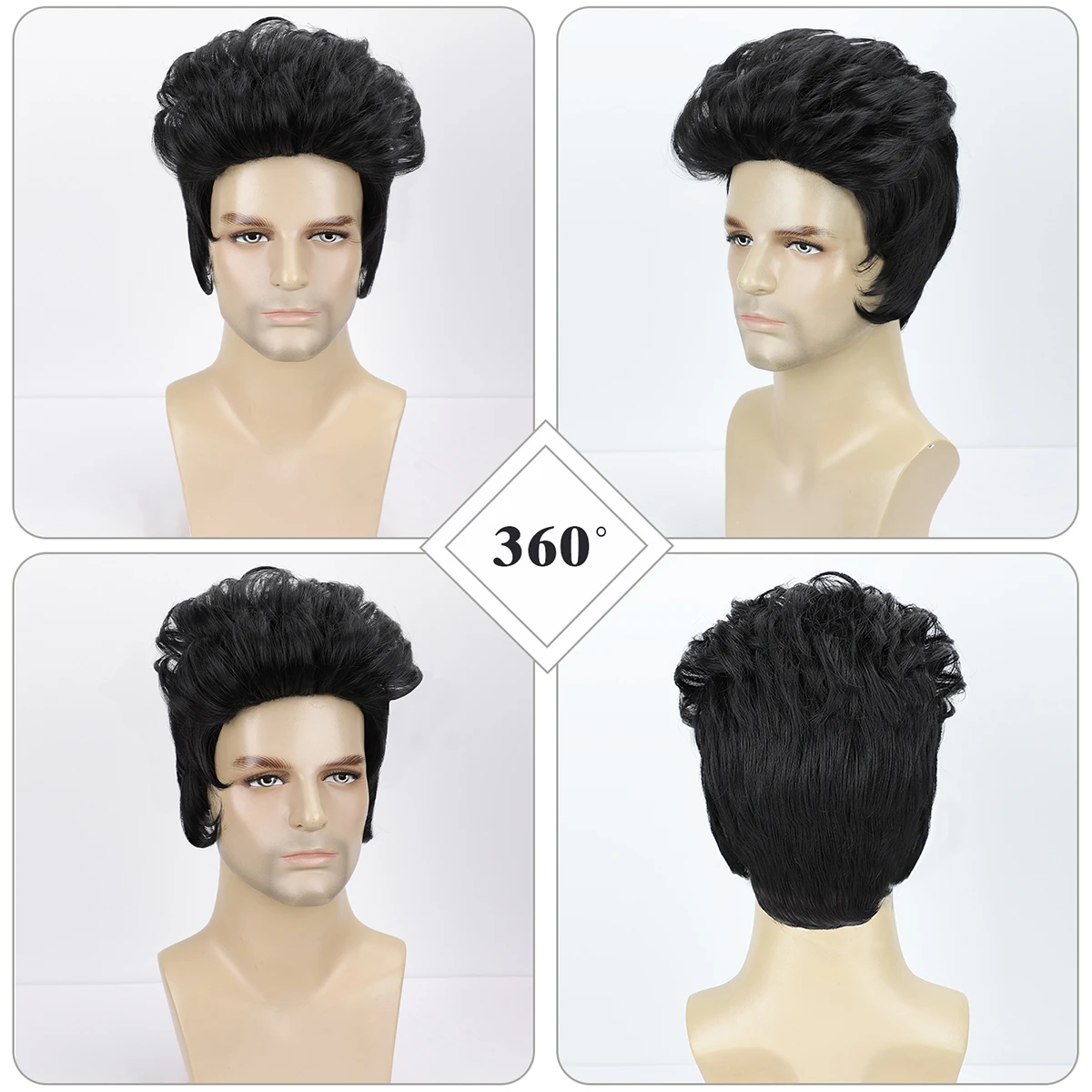 BCHR 50s Rock Legend Black Synthetic Wig Men Singer Rocker Costume Wigs for Cosplay Halloween Party