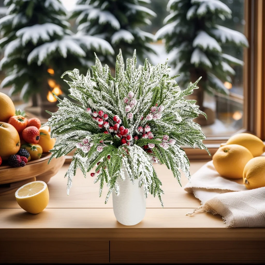 15 قطعة فروع الصنوبر الشمالية الاصطناعية مع سيقان التوت الأحمر لزينة شجرة عيد الميلاد مهرجان زهرية لتقوم بها بنفسك جارلاند زينة عيد الميلاد