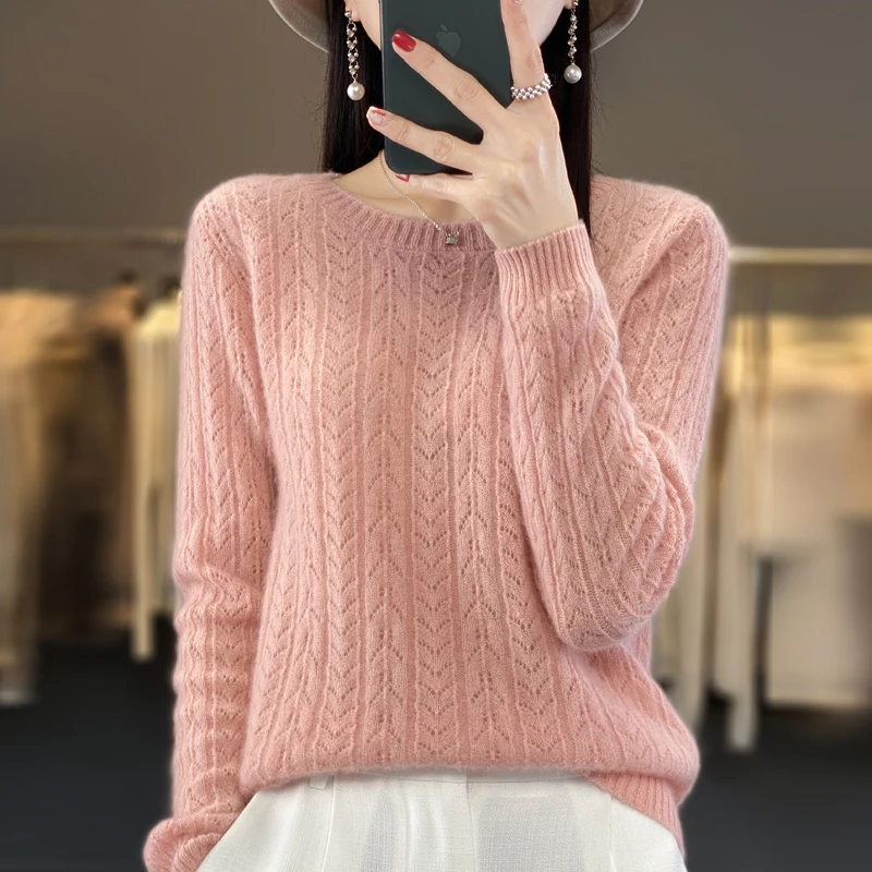 Spring Autumn Women 100% Merino Wool Sweater O-neck Wheat Ear Pattern Hollow Out Pullover Casual Knit Soft Bottoming Top