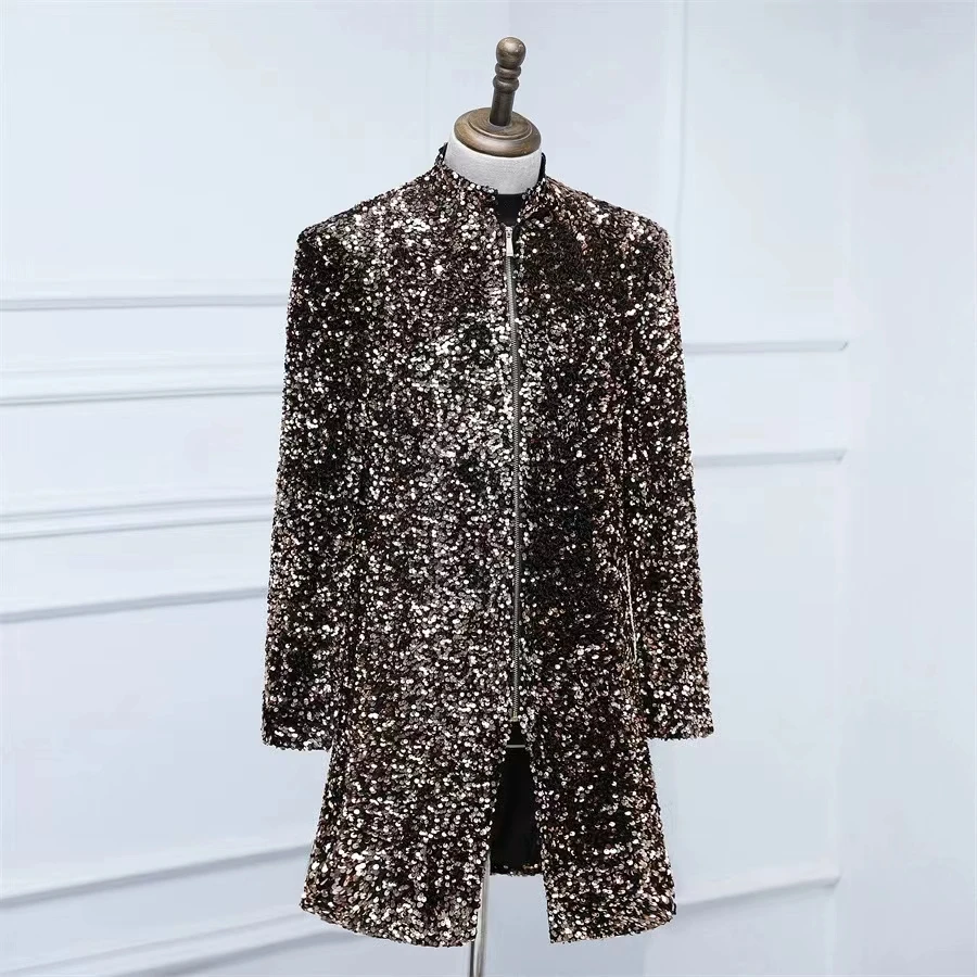 Coffee Colored Velvet Sequins Mid Length Suit Jacket Male Singer Stage Performance Costume Banquet Guests And Runway Dress