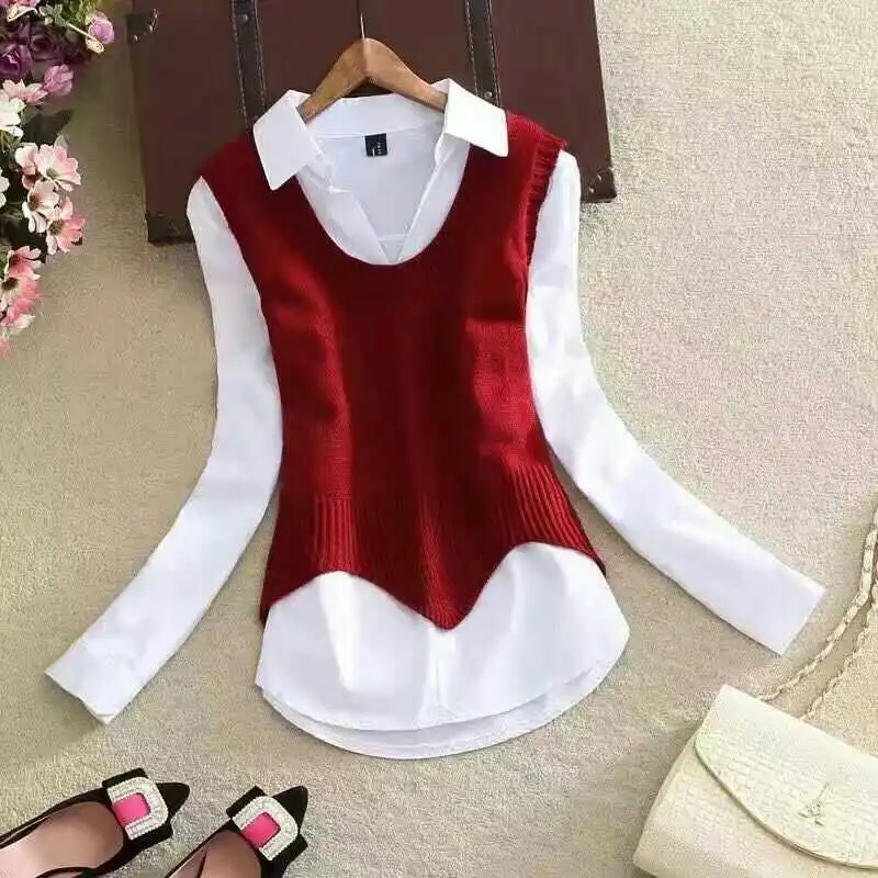 

Longsved irt Sweater Vest Two-Piece Women's Spring Faion Long Sve Knitted Wear Comfortable Breathable Sli Set