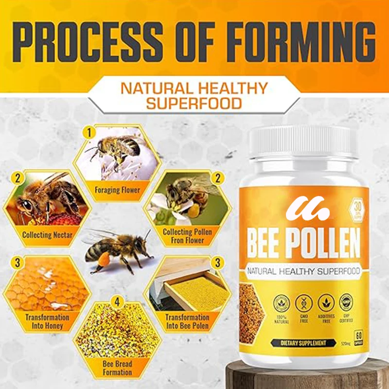 100% Natural Bee Pollen Granule Capsules, Vitamin B, Antioxidants, Minerals, Enzymes, Proteins, Amino Acids