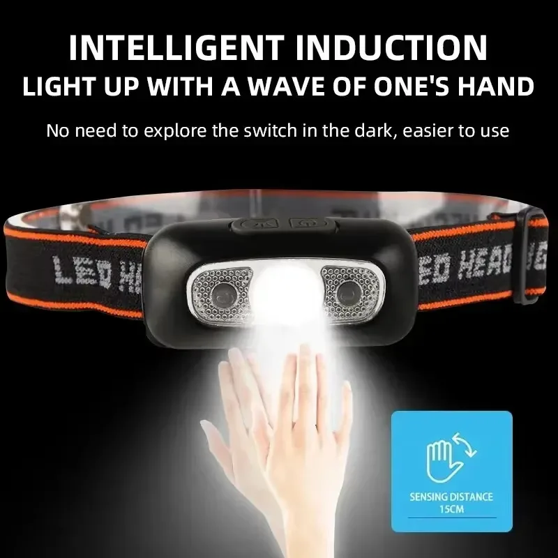 Smart induction USB charging induction headlight LED portable strong light headlight for Fishing, Night Hiking ,Outdoor Sports