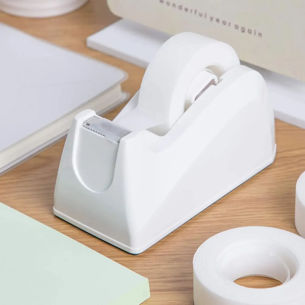 "Effortless" Compact White Pieceaging Tape Dispenser With Stainless Steel Cutter - Portable, Non-Slip Office Stationery Holder