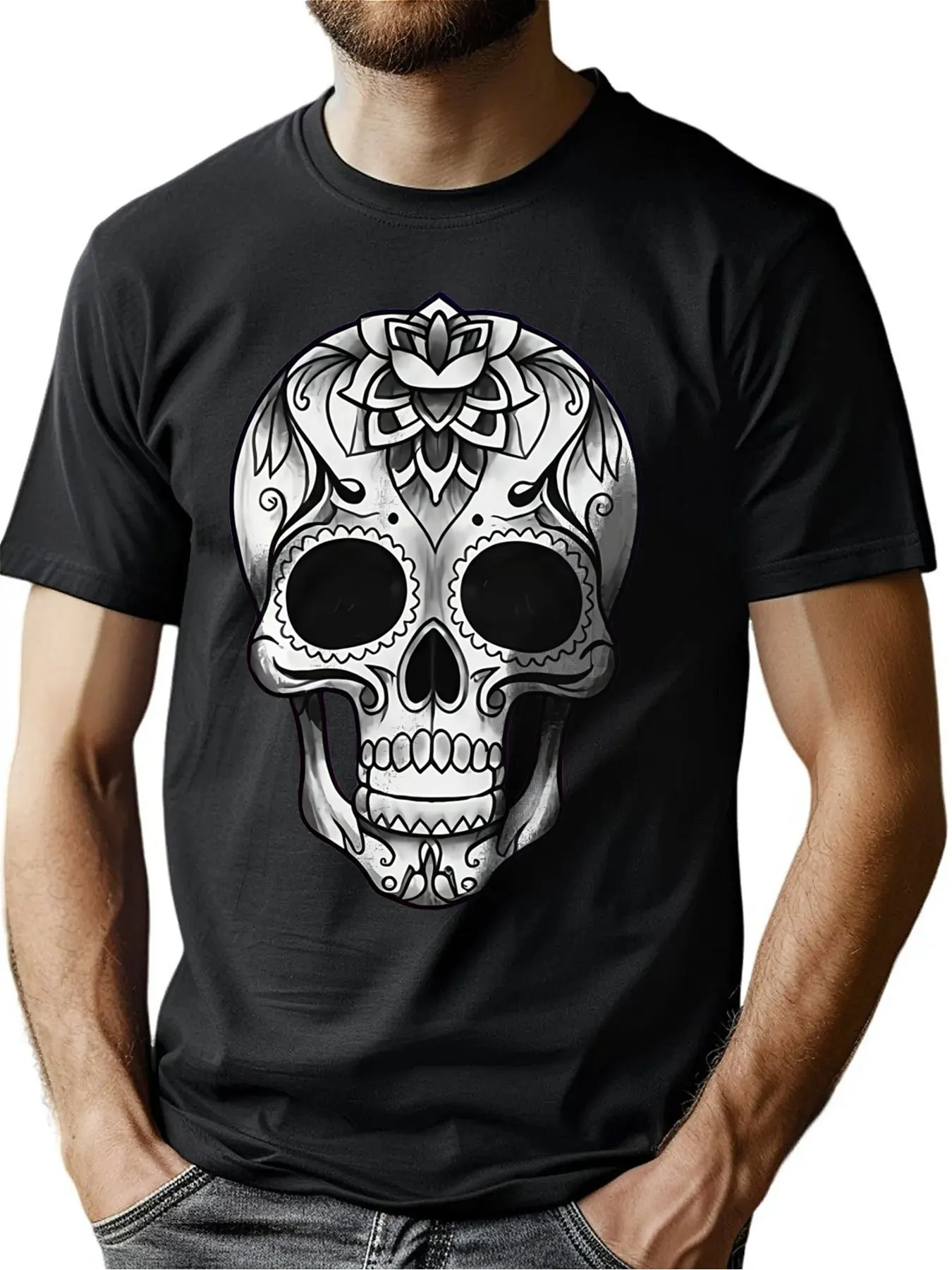 

Premium Comfort Cotton Men's Casual Short Sleeve Tee With Intricate Skull Floral Print Father's Day Gift Outdoor Activities Mach