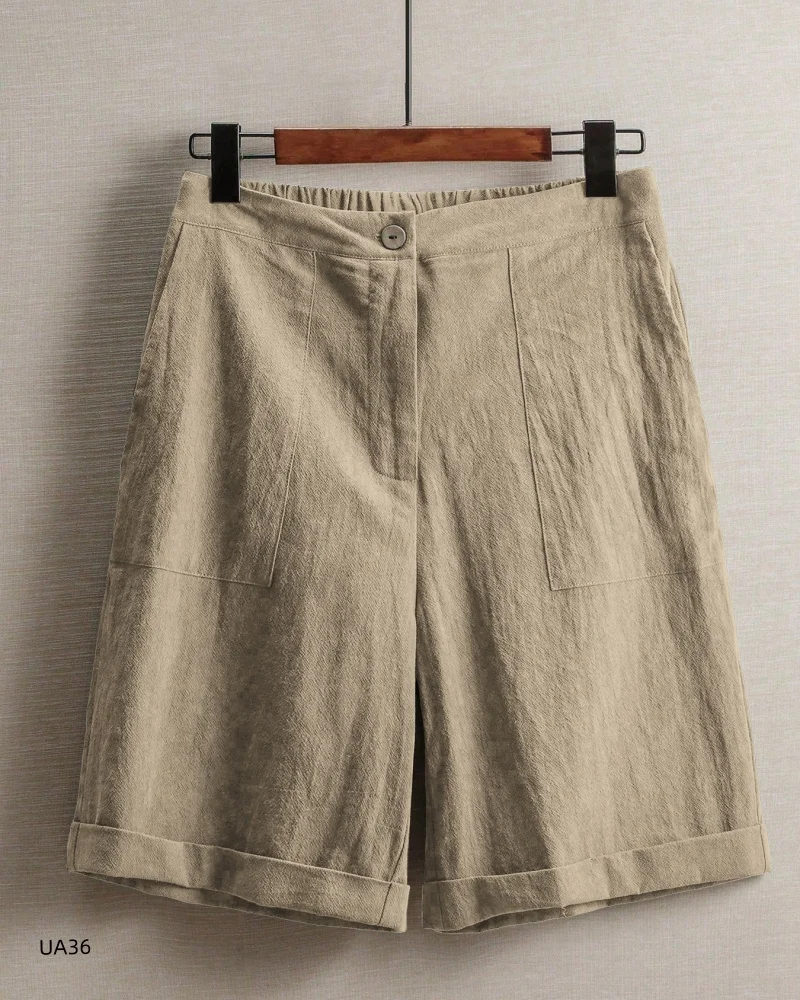 Women's summer loose solid color cotton linen comfortable shorts, fashionable elastic waist button shorts