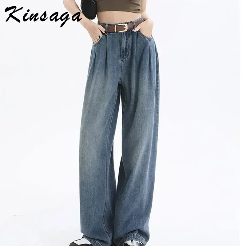 Kinsaga Cement Gray High Waist Pleated Straight Jeans Women Korean Fashion Pear Shape Wide Leg Mopping Pants Tall Girl Trousers