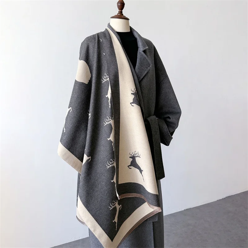 Deer Jacquard Winter Ourdoor Women Scarf Cashmere Thicken Warm Shawl Pashmina Scarves Female Double-sided Wrap Ladies