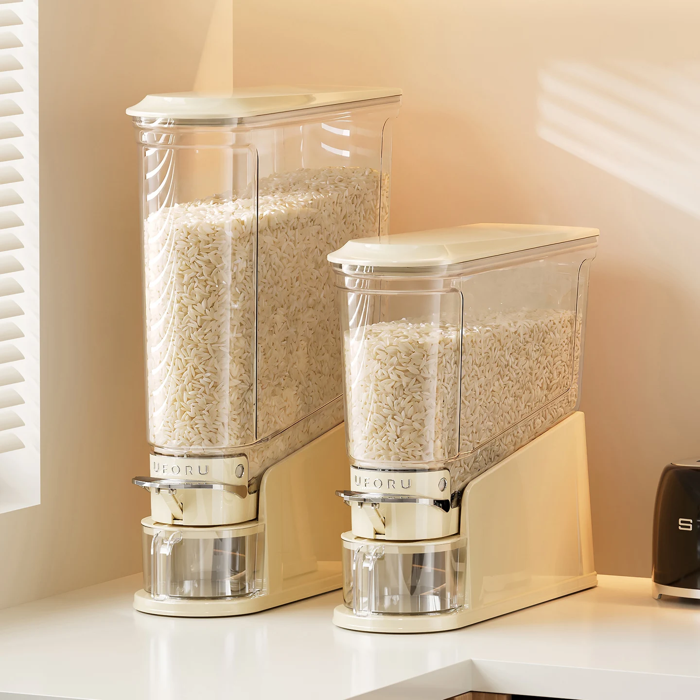 UFORU 1Pc Press Type Rice Dispenser Large Capacity Grain Storage Container Space Saving Countertop Bin for Home Kitchen