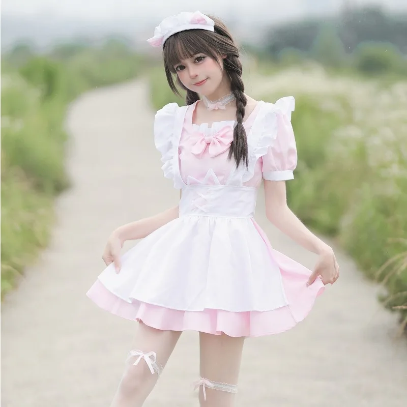 Lindo Traje de Maid Lolita Rosa y Blanco con Diadema de Orejas de Gato, Vestido de Manga Corta con Delantal con Volantes, Disfraz de Cosplay de Anime