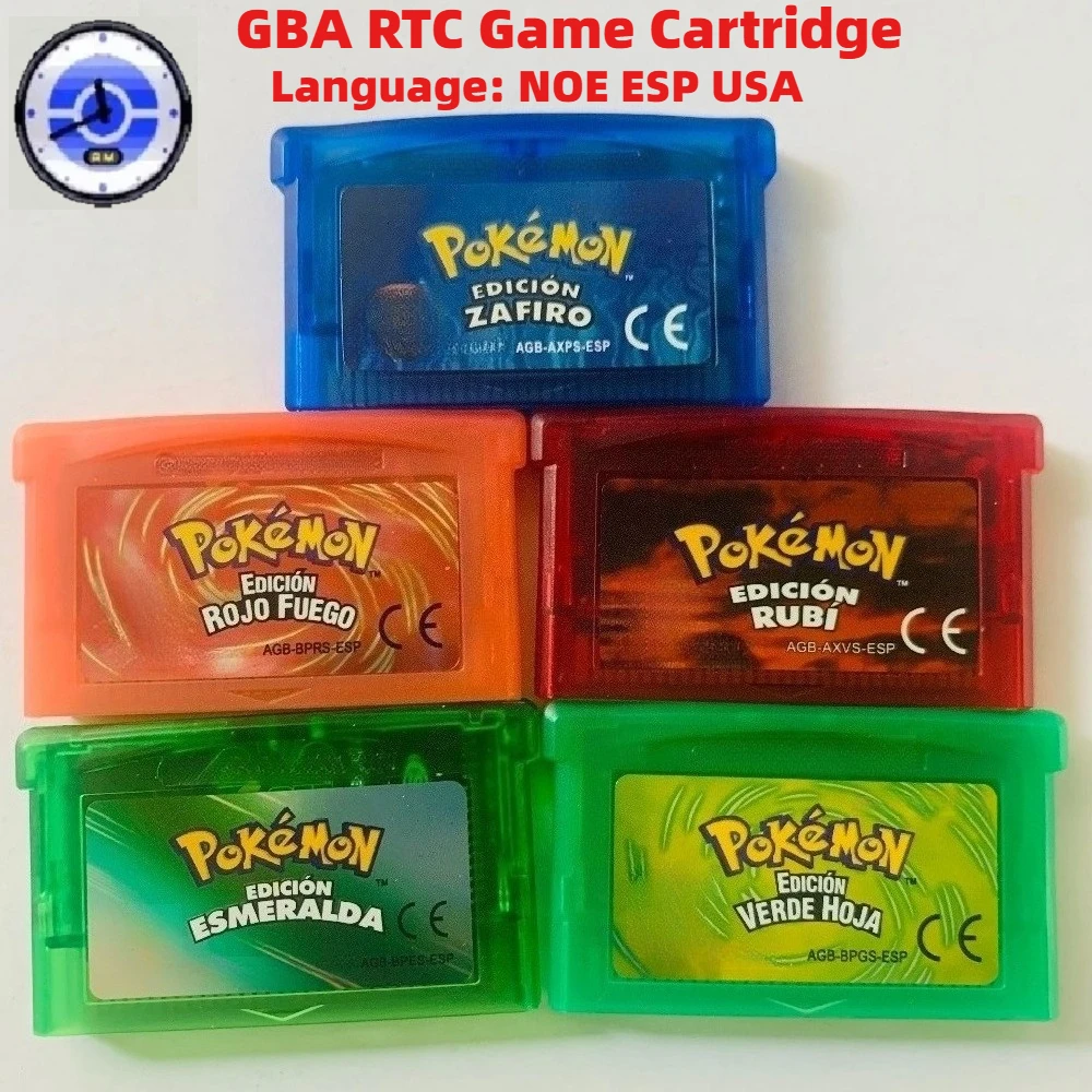 GBA RTc Retro Game Cartridge，Pokémon Ruby Emerald Fire Red Sapphire Leaf Green，  English，German，Spanish Games Cartridge