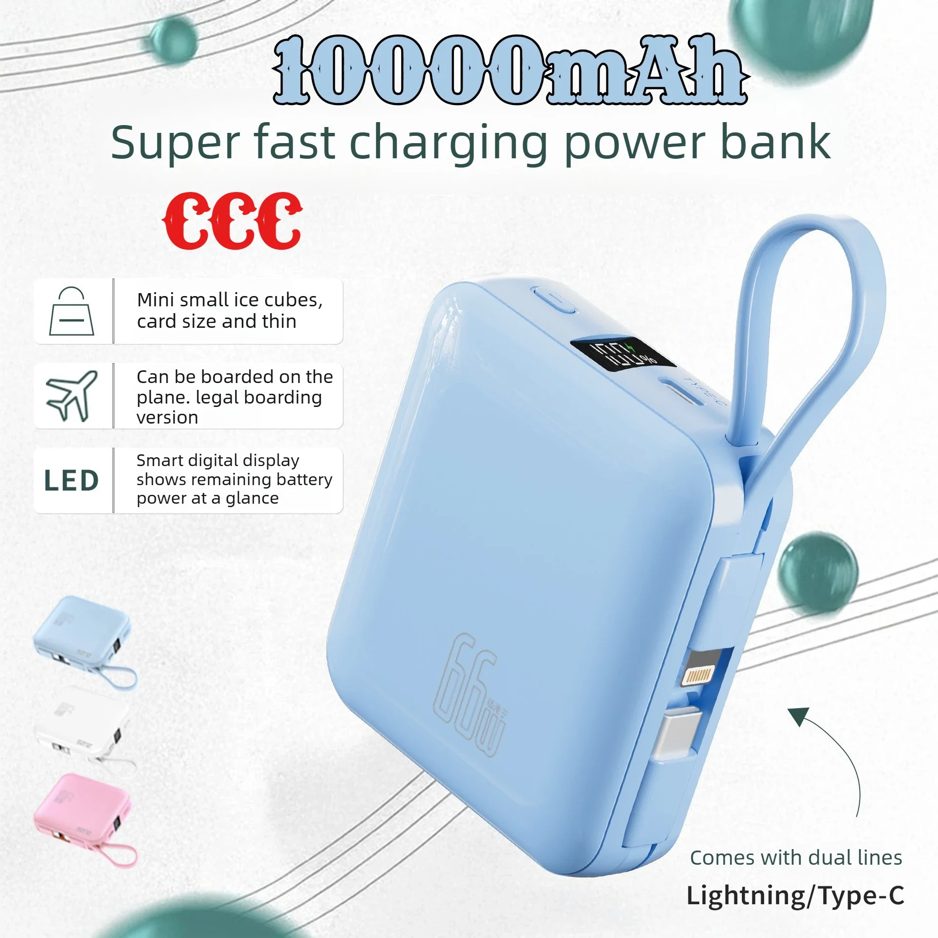 22.5W 10000mAh CCC Certified Power Bank  Super Fast Charging Intelligent Digital Display with Cable for IPhone Xiaomi Samsung