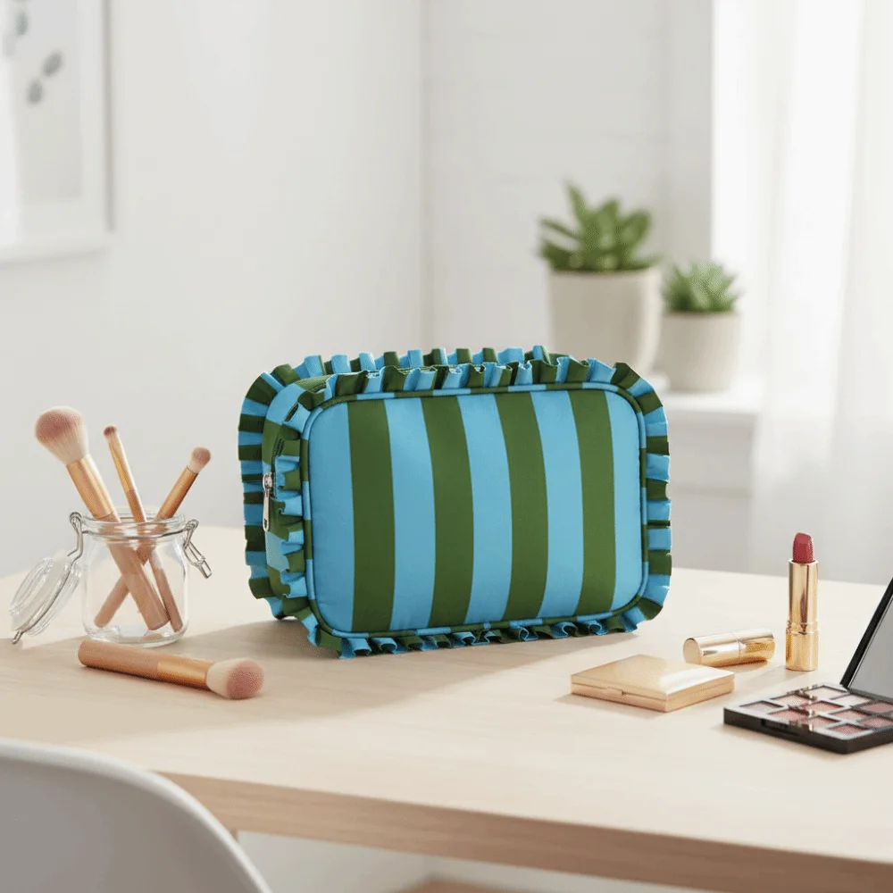 Ruffle Decoration Striped Cosmetic Bag Colorful Oxford Women's Makeup Case Zip Top Portable Striped Makeup Organizer