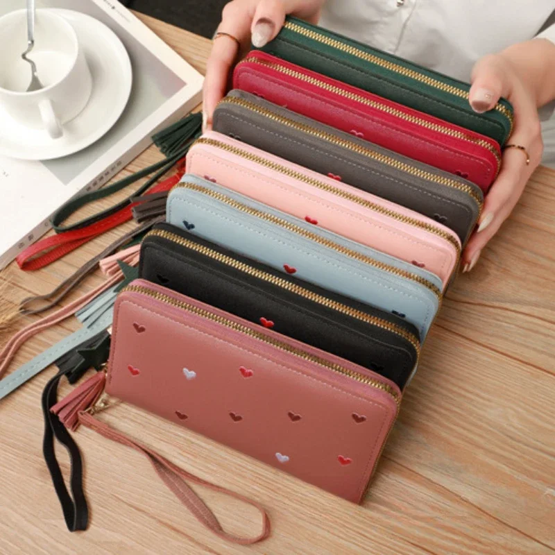 Women Long Wallets Purses Cute Love Heart Embroidery Wallets for Women Girl Money Pocket Card Holder Wallets Phone Clutch Bag