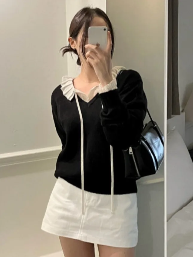 

Dongda Gate Autumn Single Button Lace Long Sve Casual irt Women's Base Layer Top Loose Fit Striped Pattern Other Materia...