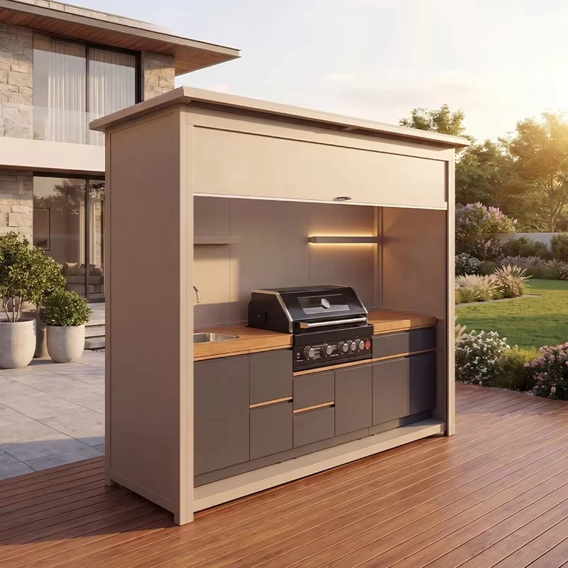 Wholesale Modern Premium Aluminum Grill Kitchen with Light Extended Awning for Outdoor Entertainment in Villa Courtyard