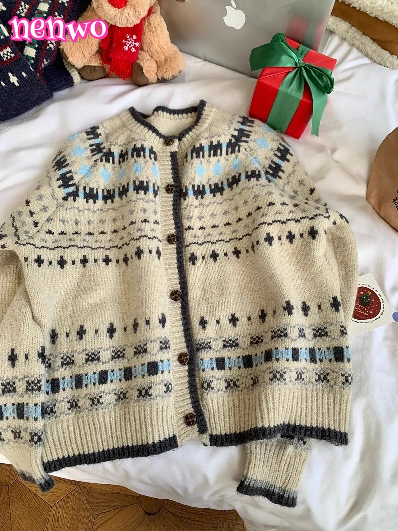 

Винтажный жаккардовый кардиган Fair Isle, женский корейский вязаный кардиган с круглым вырезом и длинными рукавами, женская свободная верхняя одежда на пуговицах Mujer