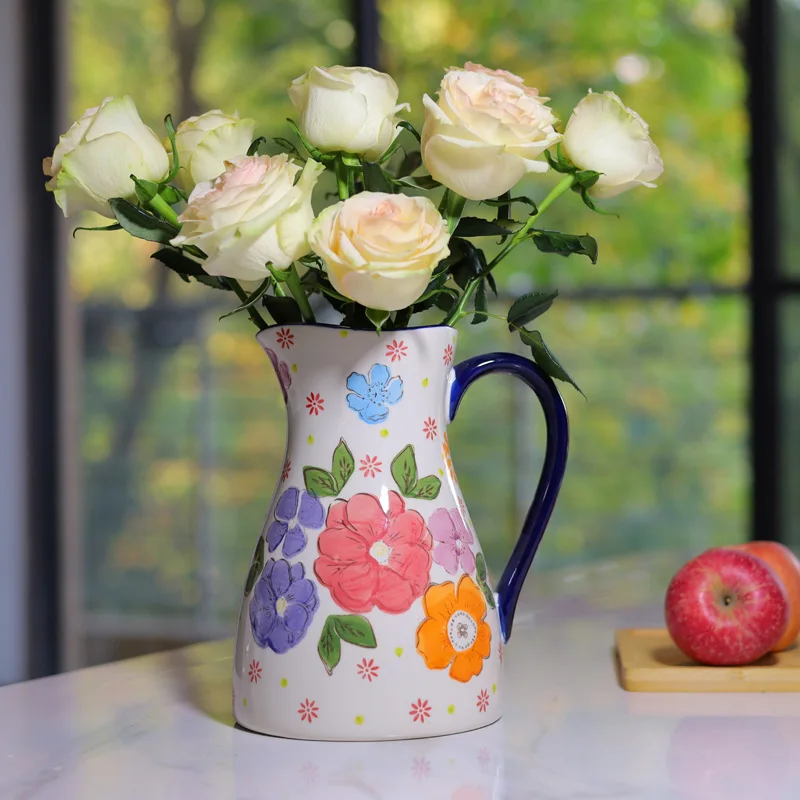 Ceramic Vase New Chinese Style Hand-painted Printing Flower Decoration Ornament Cold Water Jug Milk Jug Dual-purpose Vase