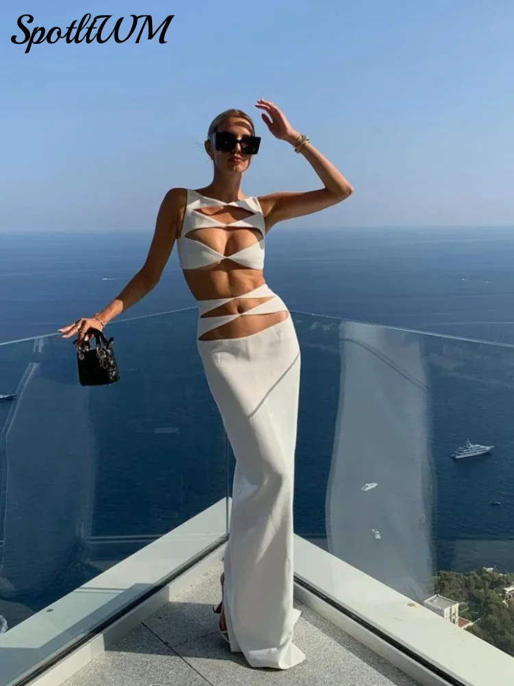 

Women Sexy Hollow Out White Long Dress Fashion Bodycon O-neck Sleeveless Dresses 2024 New Female Beach Vacation Party Robes