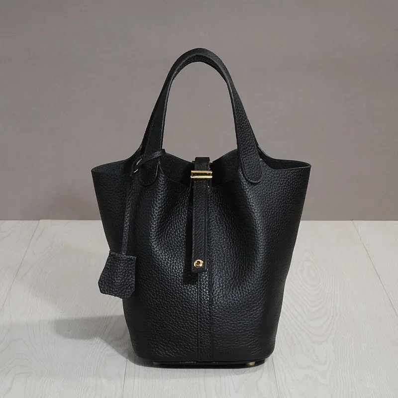

Luxury Soft Genuine Cow Leather Lunch Bag Imported Bucket Bag Food Basket Picnic Women 2025 Small Hand bags