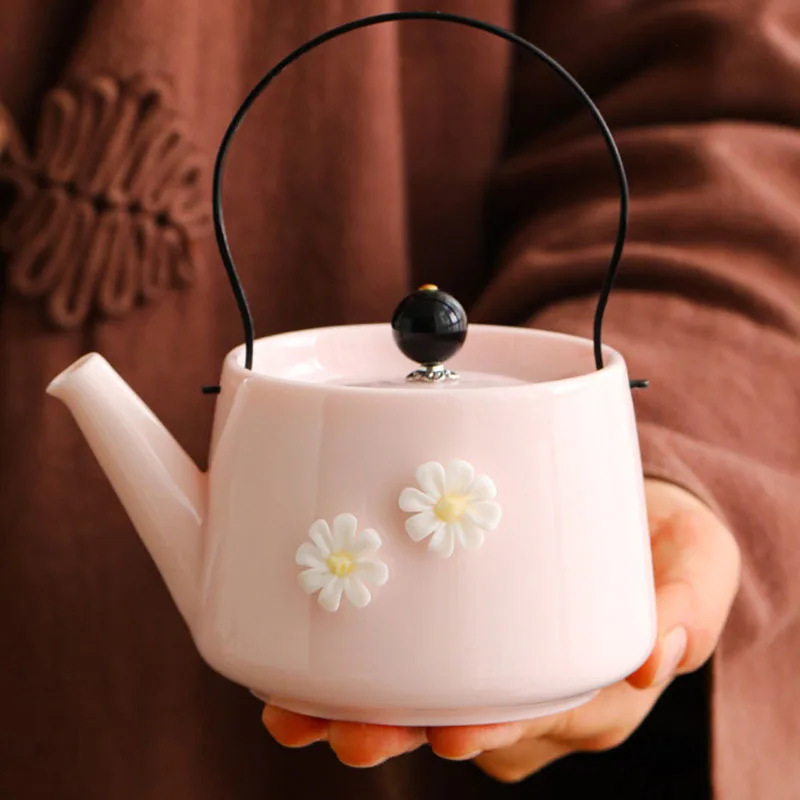 250ml Boutique Lanolin Jade Porcelain Pink Ball Hole Filtration Loop-handled Tea Pot White Porcelain Home Ceramic Tea Set Gifts