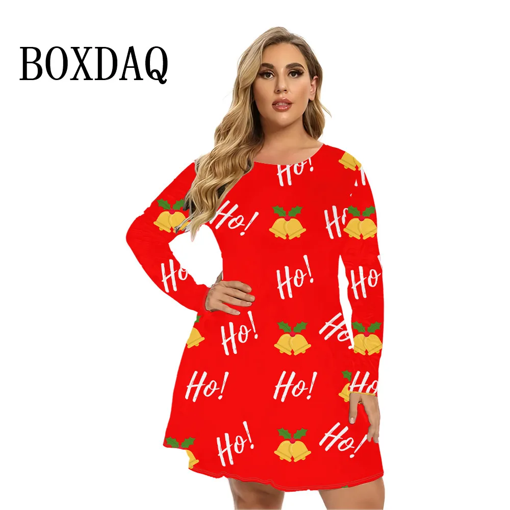 

Casual Women Mini Dresses Streetwear Christmas Bells Printed Party Loose Dress Plus Size Autumn Winter 2024 New Festival Gifts