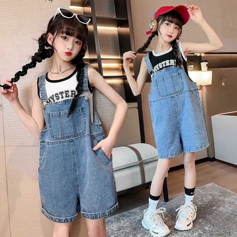 

Baby Strap Shorts Summer Slim Girls Capris Children's Jumpsuit Denim Shorts Adjustable+Tank Top Kids Clothing Sets