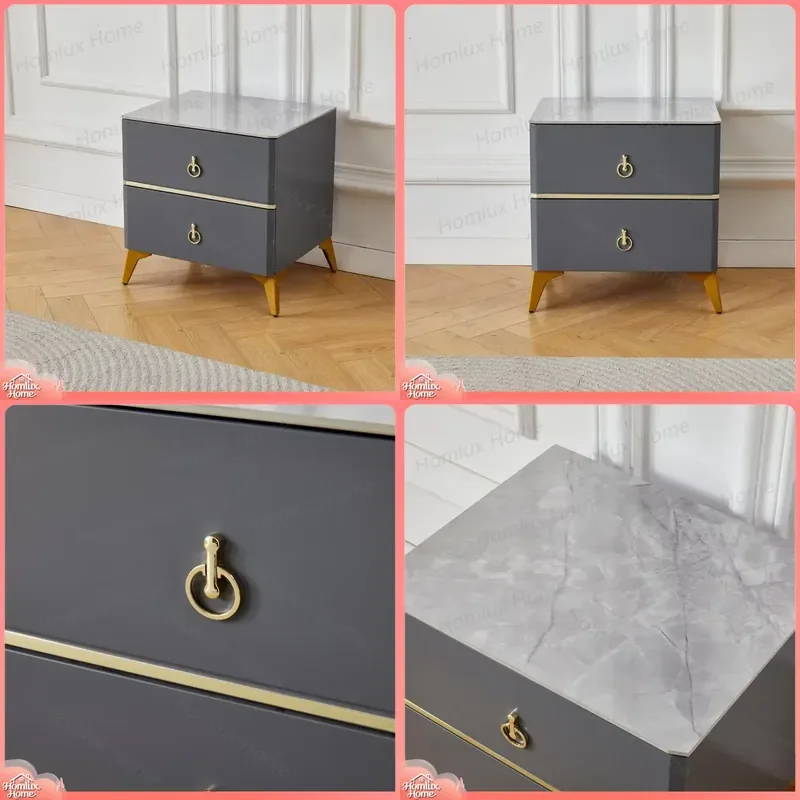 Modern Bedside Table with Sintered Stone Top 2 Drawers Bedroom Nightstand Eco Friendly Durable Design Beveled Brackets