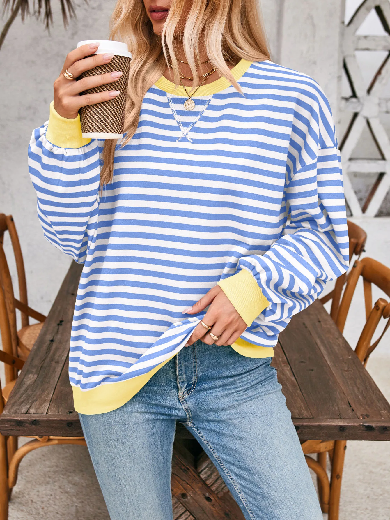 

Женская толстовка с контрастными полосками, длинными рукавами и круглым вырезом, осенне-зимняя, повседневная, свободного кроя, винтажная, в уличном стиле, пуловер, топ