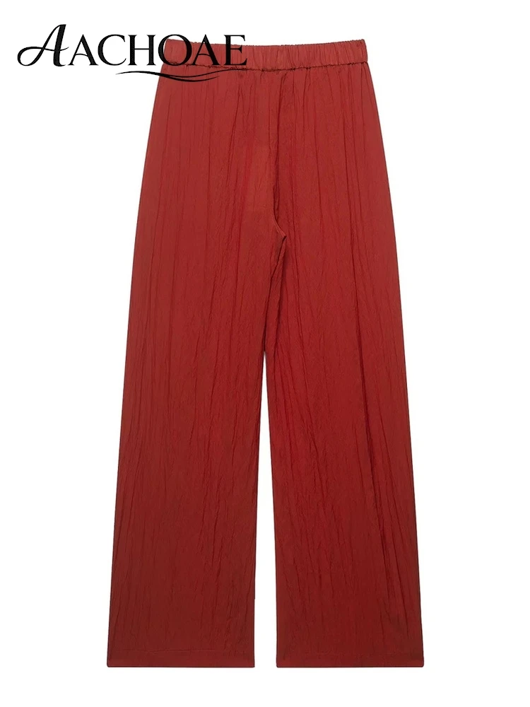 AACHOAE Women High Waist Wide Leg Pants Buckle Belt Pleated Loose Straight Leg Crinkle Trousers Casual Full Length Pants