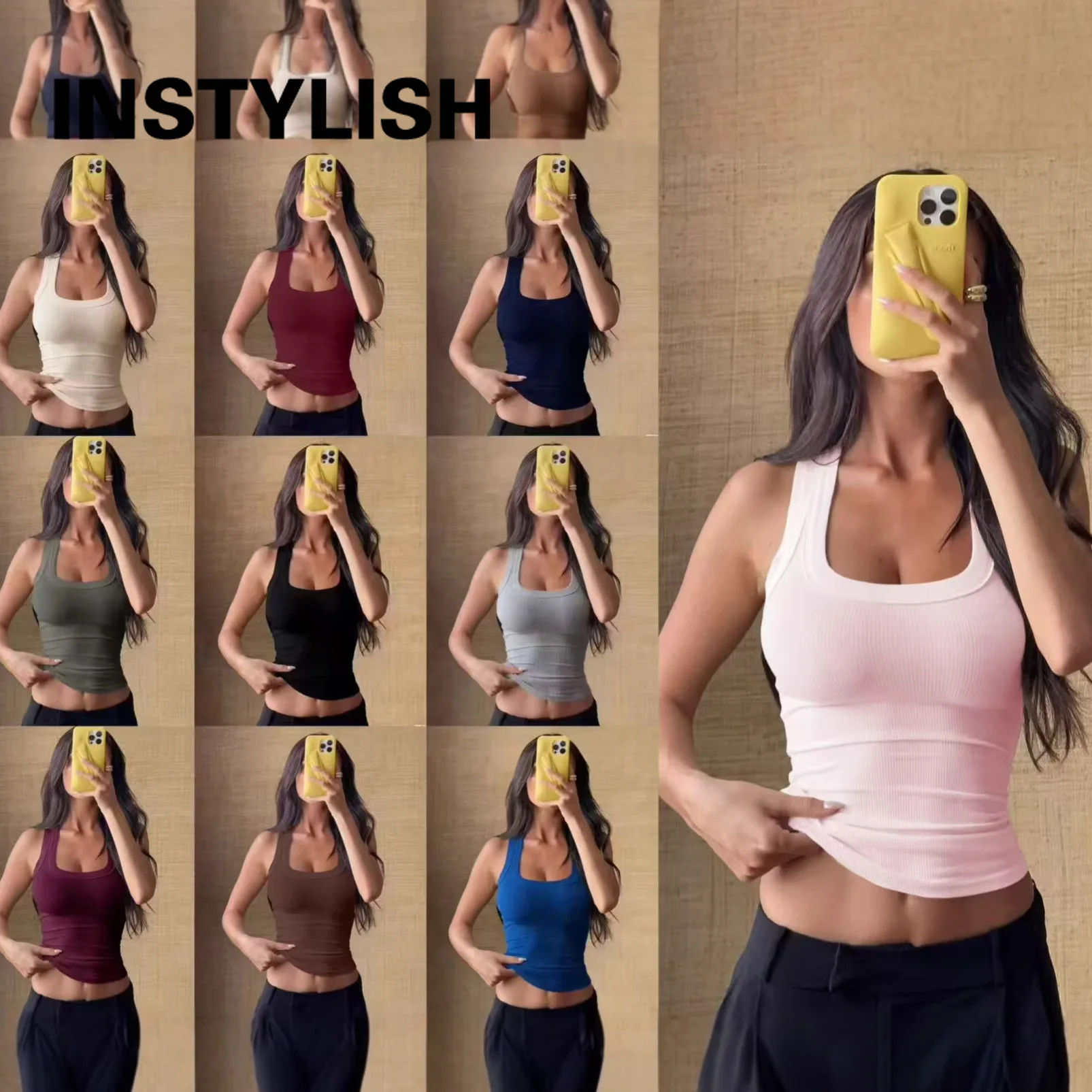 Women Solid Ribbed Tank Top Square Neck Slim Crop Top Sleeveless Y2K Casual Streetwear Summer Going Out Basic Fitness Camis Vest