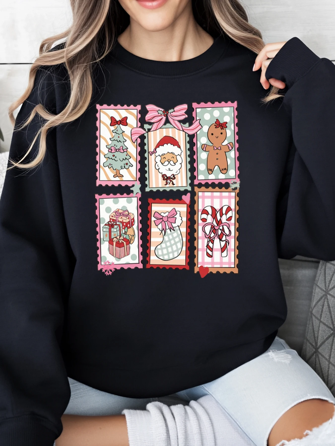 Albero di Natale Babbo Natale Pan di zenzero Canna di zucchero Regalo Calza Stampa Felpa natalizia Donna Abbigliamento casual per le vacanze Nero Taglie forti