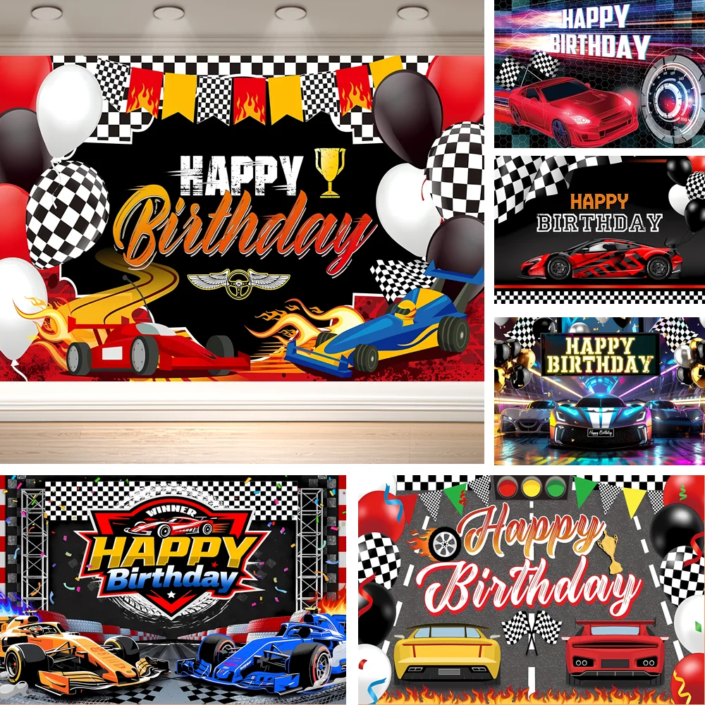 Dewprint Speed Racing Car Birthday Backdrop Race Flag Trophy Fire Track Themed Boys Party Wall Banner Decor Supplies