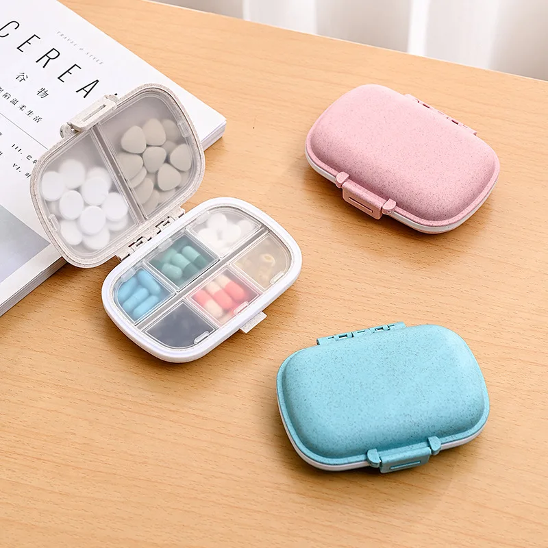 8-Cell Simple Color PP Wheat Straw Material Pill Storage Box Outdoor Portable Capsule Medicine Organizer Emergency First Aid Kit