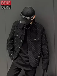 Spring Mens Personality Diamonds Vintage Casual Jacket Long Sleeve Lapel Loose Fit Outerwear High Street Gothic Short Coat Male