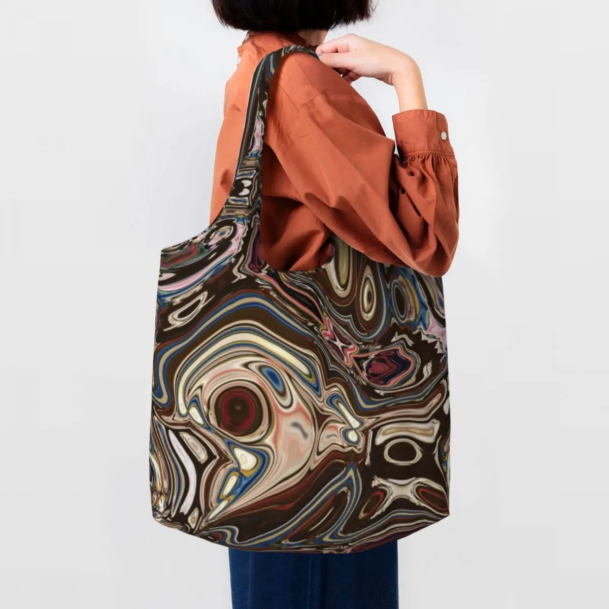 Bolso de compras de lona personalizado para mujer, bolsa de mano lavable de gran capacidad, con remolinos de mármol, marrón Chocolate, bronceado