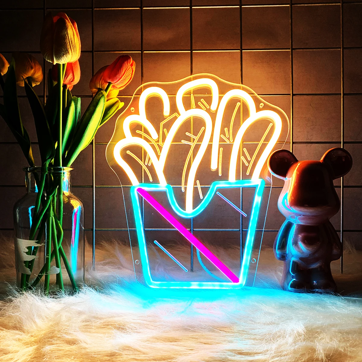 French Fries Neon Shape Sign Light, Clear Acrylic Base Plate, USB Interface, Multipurpose Decorative Wall Mounted LED Lights