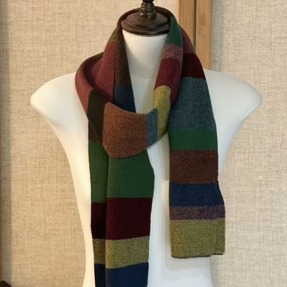 Fashion Striped Plaid Women Striped Scarf Rainbow Color Block INS Knitted Scarf Neck Warmer Windproof Winter Shawl Vacation