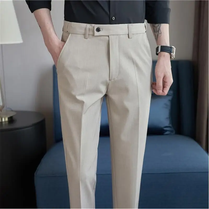 Plus Size 40 38 Spring Summer New Solid Color Elastic Waist Dress Pants Men Slim Business Office Social Ankle Length Trousers