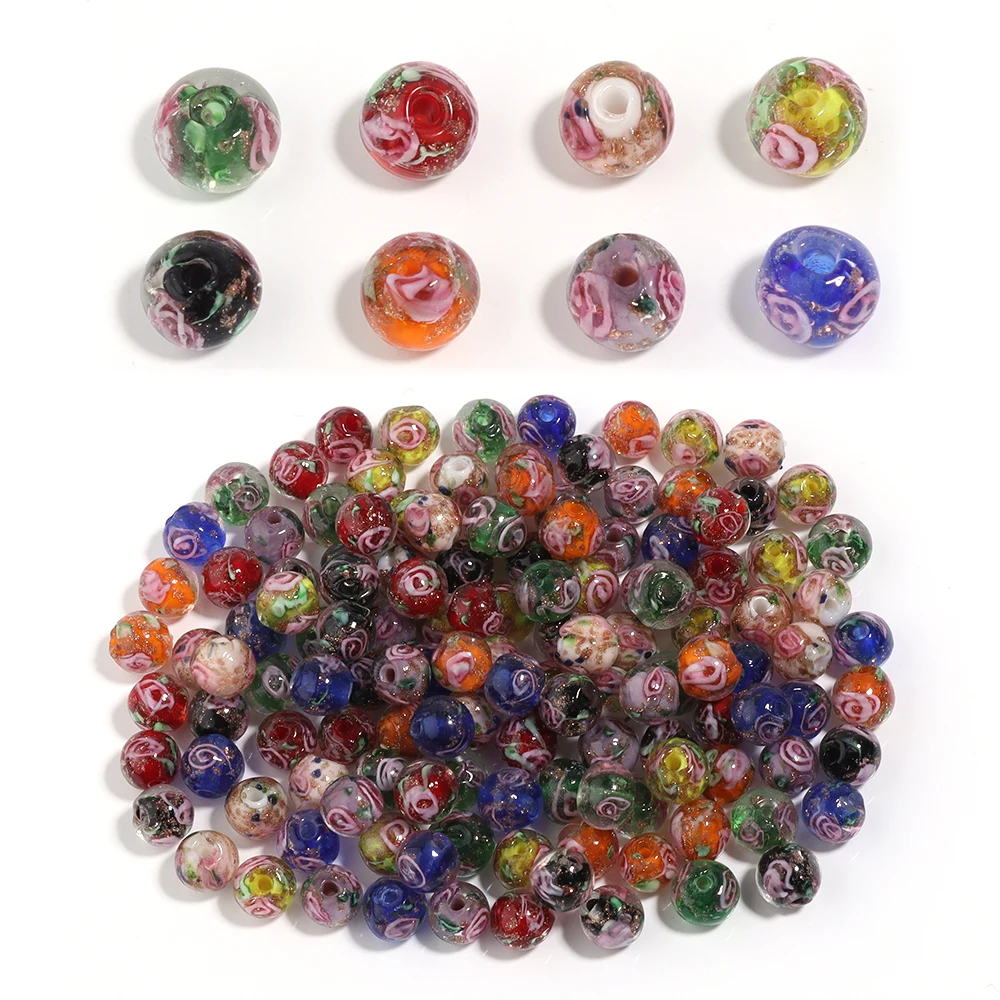 10 teile/los Bunte Blume Muster Lampwork Perlen Druck Runde Glas Perlen Lose Perlen Für DIY Schmuck Machen Zubehör