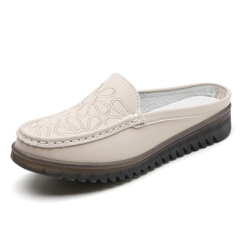 Flat Slip On Half Shoes For Women Slip-ons Flats Leather Casual Slippers Loafers Female Summer