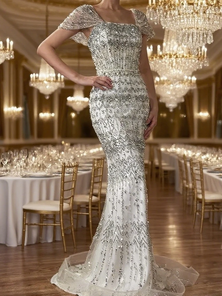 فستان سهرة بحورية البحر فاخر مطرز بالخرز العربي مخصص بأكمام قابلة للفصل للنساء فساتين سهرة رسمية