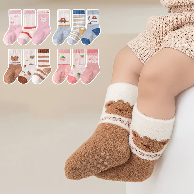 

3pairs/lot 0-3Years Winter Toddler Baby Socks For Boys Girls Floor Children's Socks Anti Slip Print Coral Fleece Kids Home Sock