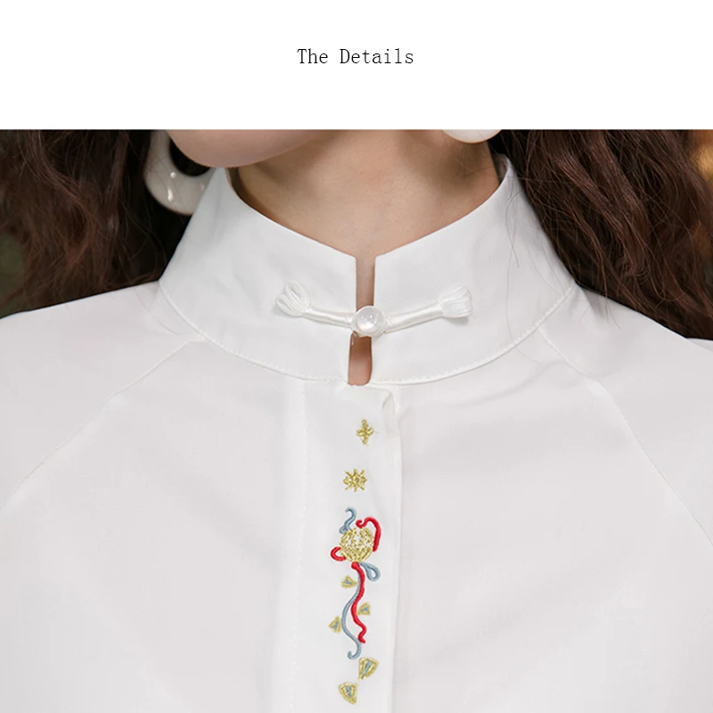 New 2024 Spring Women White Shirts & Blouses Stand Collar Long Sleeve Tops Embroidery Chinese Style Elegant Shirt Tops Blusa