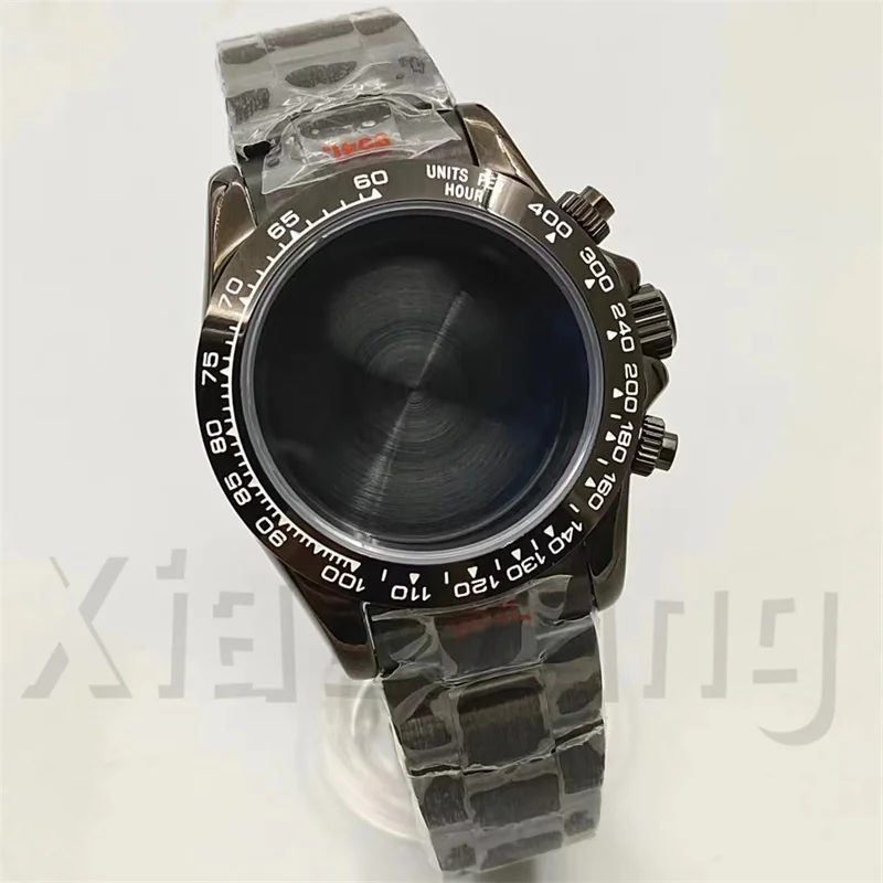 39mm Full Black VK63 Watch Case Stainless Steel Sapphire Crystal For VK63 VK64 Quarzt Movement Men\'s Watches Parts 20mm Bracelet